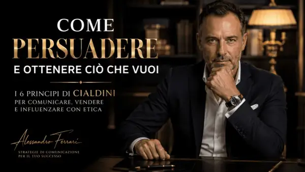 Uomo d'affari con mano sul mento, immagine che promuove l'arte del convincimento e le strategie per comunicare, vendere e influenzare con etica.
