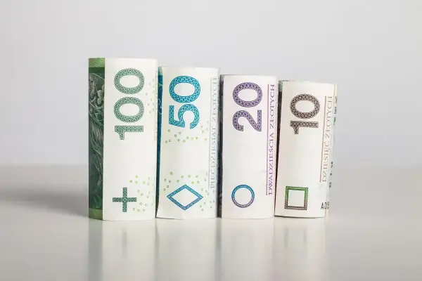 Zrolowane banknoty 100, 50, 20 i 10 złoty symbolizują potencjalną rentowność inwestycji.