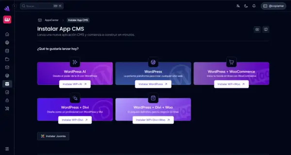 Panel para instalar CMS como WordPress, ideal para aprender como hacer una web. Opciones para IA, tiendas y diseño profesional.