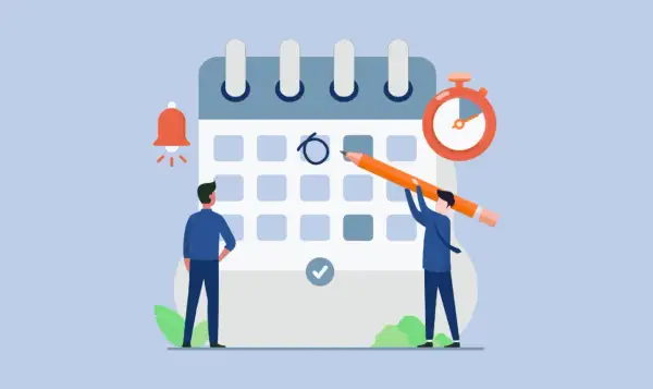 Due uomini pianificano permessi e ferie su un calendario, con un cronometro e una campana di notifica.