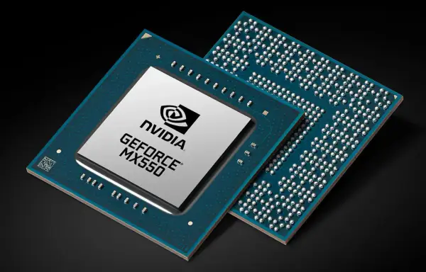 Dwa układy graficzne, jeden z napisem NVIDIA GEFORCE MX550, drugi z rzędem pinów.