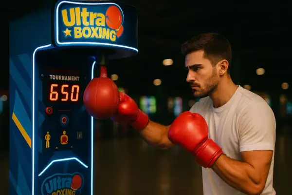 A man in red boxing gloves punches the bag on an "Ultra Boxing" arcade game. In boxing, you can punch the arm, but this game measures your punch power.