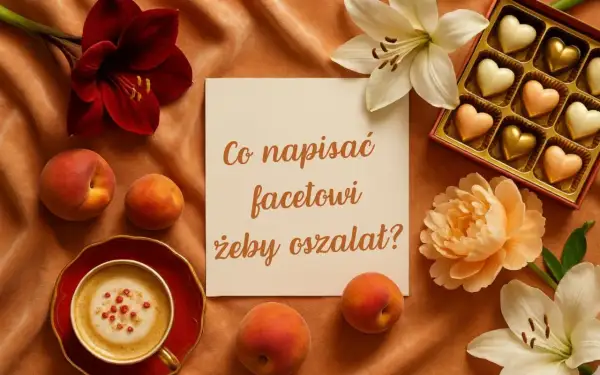 Kawa, brzoskwinie i czekoladki w kształcie serc. Na kartce pytanie: "Co napisać facetowi, żeby oszalał?".