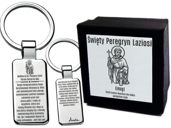 Brelok i pudełko z wizerunkiem św. Peregryna. Modlitwa o cud uzdrowienia dla cierpiących.