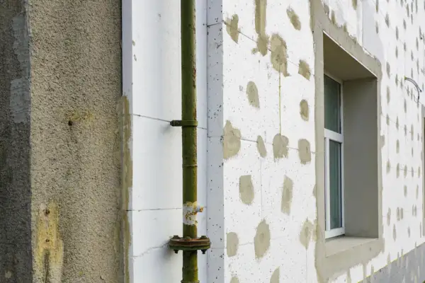 Budynek w trakcie termoizolacji styropianem. Zastanawiasz się, ile kosztuje termoizolacja budynku? Widoczna rura i okno.
