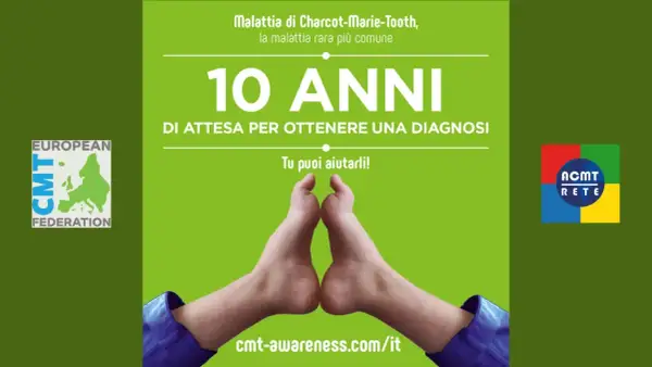 10 anni di attesa per una diagnosi di CMT in Italia. Aiuta a ridurre i tempi. Logo European CMT Federation e ACMT Rete.