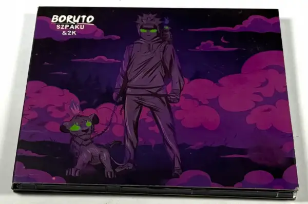 Okładka płyty "Boruto" Szpaku & 2K. Postać z zielonymi oczami i ptakiem na ramieniu, obok niej lew z zielonymi oczami na smyczy.