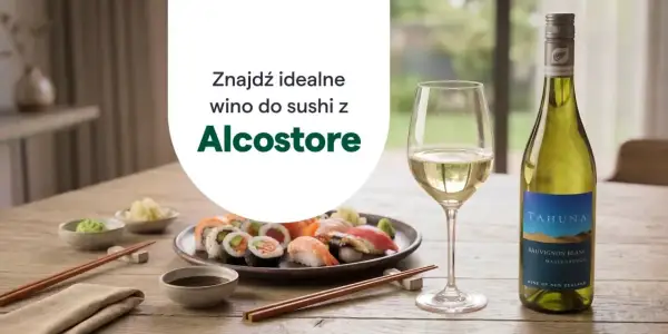 Idealne wino do sushi czeka! Na stole sushi, sos sojowy, wasabi i kieliszek białego wina. Znajdź swoje wino do sushi w Alcostore.
