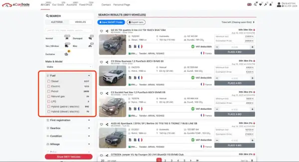 Sökresultat för bilar. Välj bränsletyp, t.ex. "Petrol" (bensin), för att hitta din nästa bil.