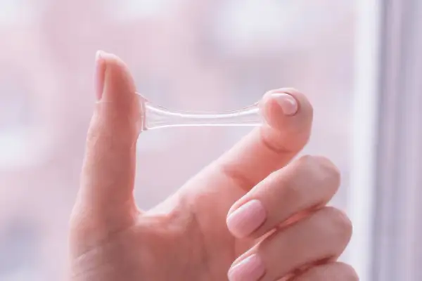 Eine Hand hält eine zähe, klare Substanz, die anzeigt, dass es sich um Ausfluss nach Eisprung handelt.