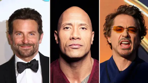 Tre kända manliga amerikanska skådespelare: Bradley Cooper, Dwayne "The Rock" Johnson och Robert Downey Jr.