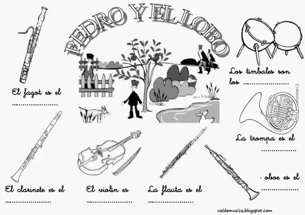 Ilustración de "Pedro y el lobo" con instrumentos musicales y personajes.