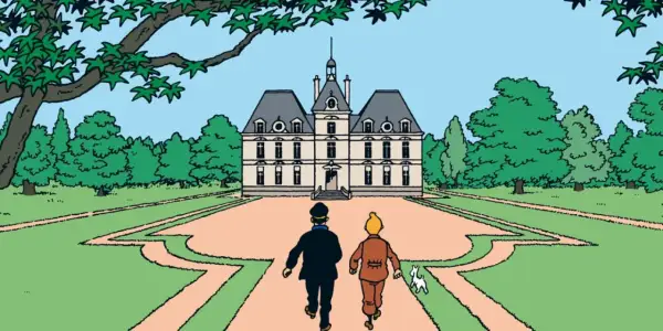 Tintin et le Capitaine Haddock courent vers un majestueux château de la Loire, Milou trottine à leurs côtés.