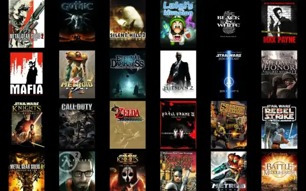W co grac? Kolekcja okładek gier: Metal Gear Solid, Gothic, Silent Hill 2, Luigi's Mansion, Mafia, Metroid Prime, Hitman 2, Star Wars, Call of Duty, Zelda, Fatal Frame II, Half-Life 2.