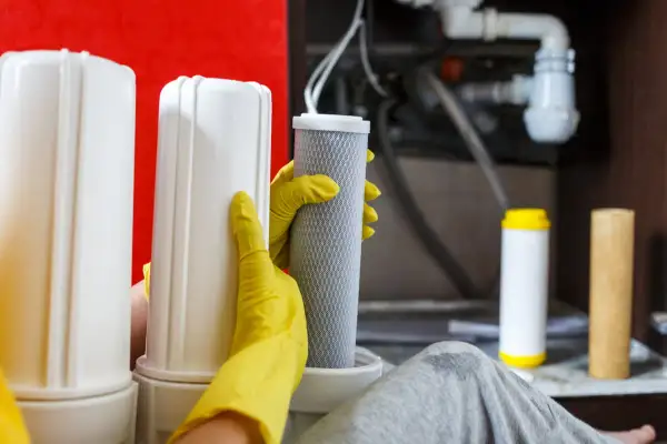Mains de gants jaunes manipulant un filtre à eau pour nettoyer la résine. Deux autres filtres sont visibles.
