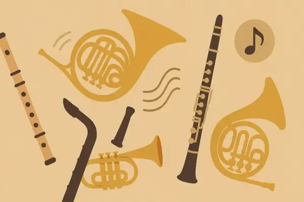 Instrumenty dęte blaszane i drewniane: flet, klarnet, trąbka i dwa rogi. Muzyka gra!