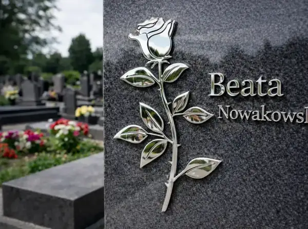 Na nagrobku Beaty Nowakowskiej widnieje metalowa róża, symbol miłości i pamięci. W tle cmentarz.