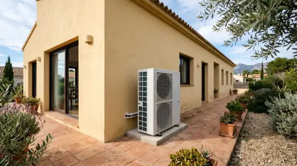 Unidad exterior de bomba de calor aerotermia junto a una casa con fachada amarilla y patio de baldosas.