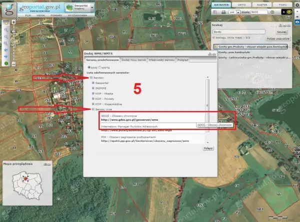 Mapa z zaznaczonymi działkami i warstwami informacyjnymi, w tym GDOS - Obszary chronione, część sieci **natura 2000**.