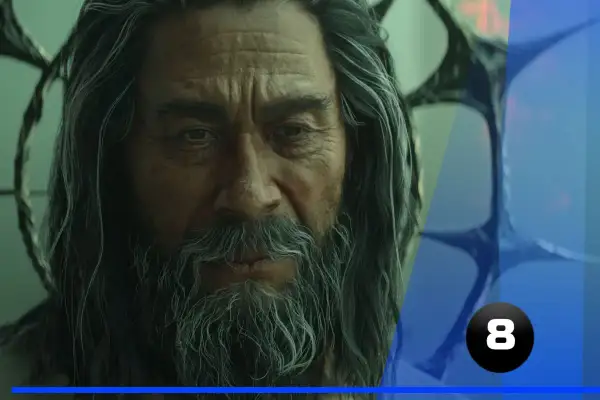 Portret starszego mężczyzny z długimi, siwymi włosami i brodą. W tle widać fragmenty stylizowanej grafiki, sugerujące recenzję gry Diablo 4.