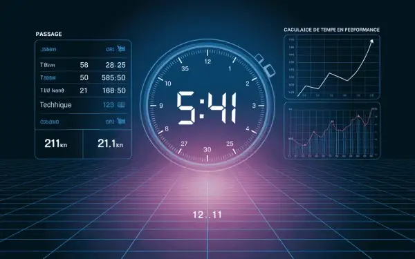 Tableau de bord sportif affichant un chronomètre à 5:41, des statistiques de course et des graphiques de performance. L'objectif : une allure semi marathon 2h.