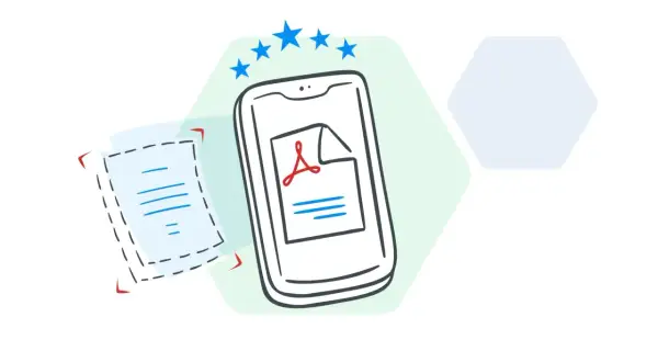 Un smartphone affiche un document PDF, prêt à être scanné avec une application **genius scan**. Des étoiles bleues symbolisent la qualité.
