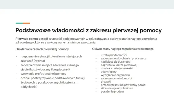 Lista stanów nagłego zagrożenia zdrowotnego, w tym nasilające się duszności, utrata przytomności i zaburzenia oddychania. Podstawowe wiadomości z zakresu pierwszej pomocy.