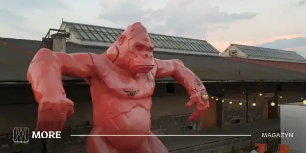 Pomarańczowa, gigantyczna małpa z tatuażami na klatce piersiowej i ramieniu, jakby przygotowana do walki na czeluść festiwal.