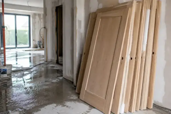 Portes en bois empilées, prêtes à être installées. Le sol est mouillé, signe que les travaux sont en cours pour empêcher le bois de travailler.