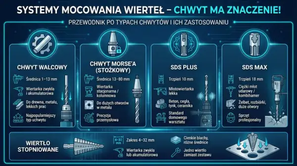 Rodzaje wierteł do metalu: walcowy, Morse'a, SDS PLUS, SDS MAX. Wiertło stopniowane do cienkich blach.