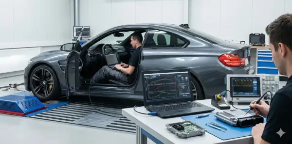 Taller de **que es tuning**: un coche en banco de potencia, un técnico en el asiento con portátil y otro soldando una centralita.