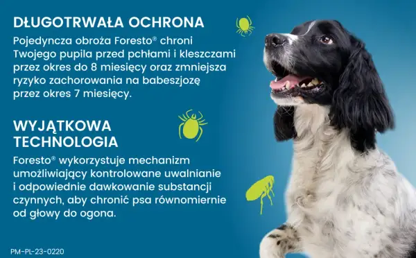 Obroża Foresto® działa dzięki mechanizmowi kontrolowanego uwalniania substancji, chroniąc psa przed kleszczami i pchłami do 8 miesięcy.