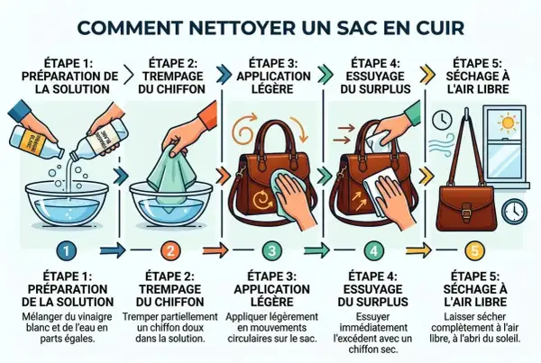 Guide pour nettoyer cuir vinaigre blanc : étapes de préparation, trempage, application, essuyage et séchage d'un sac en cuir.