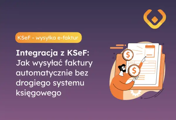 Integracja z KSeF ułatwia wysyłkę faktur WooCommerce. Ilustracja pokazuje mężczyznę z monetami i dokumenty, symbolizujące finanse i faktury.