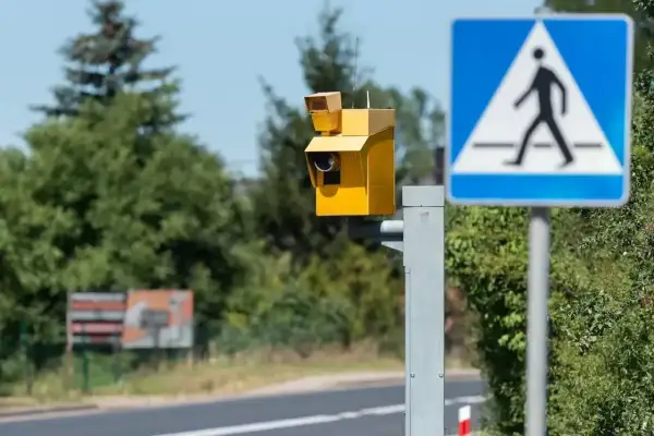 Żółty fotoradar i znak przejścia dla pieszych. Uważaj na przekroczenie prędkości o 30 w terenie zabudowanym, bo możesz dostać mandat.