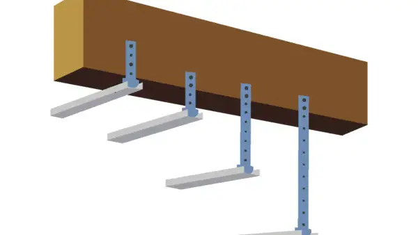 Vue isométrique d'une poutre en bois avec des supports bleus fixés. La distance entre deux suspentes est visible.