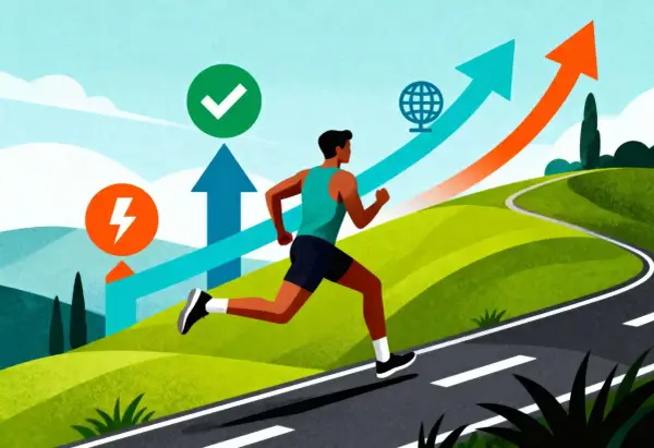 Un coureur progresse sur une route sinueuse, symbolisant l'amélioration de la vitesse moyenne course à pied. Des flèches ascendantes et des icônes de succès indiquent une progression constante.