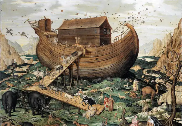 Noaks ark fylls med djur av alla slag. Elefanter, giraffer, kameler och många fler djur stiger ombord på det stora skeppet.