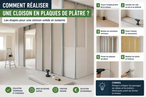 Guide pour faire une cloison en placo : étapes de traçage, montage des rails et montants, pose d'isolant, vissage des plaques et finitions.