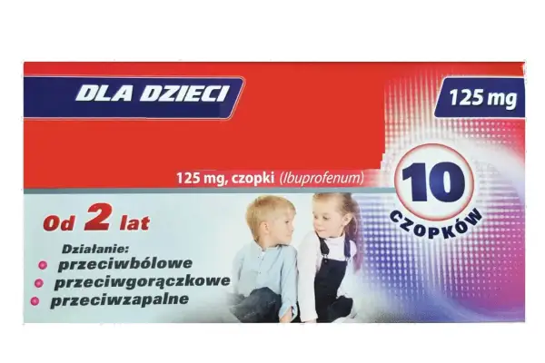 Opakowanie Ibufen Forte dla dzieci, 125 mg, czopki. Dla dzieci od 2 lat, działanie przeciwbólowe, przeciwgorączkowe, przeciwzapalne.