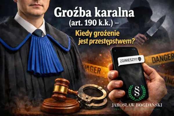 Groźba karalna na telefonie. Sądowy młotek i kajdanki symbolizują konsekwencje prawne. Kiedy grożenie staje się przestępstwem?