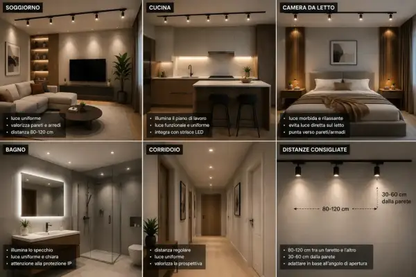 Un collage di foto arredamento mostra diverse stanze illuminate da faretti: soggiorno, cucina, camera da letto, bagno e corridoio.