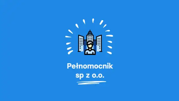 Ikona przedstawia człowieka przed budynkami, symbolizując firmę. Pełnomocnik sp. z o.o. to firma, która reprezentuje interesy innych.
