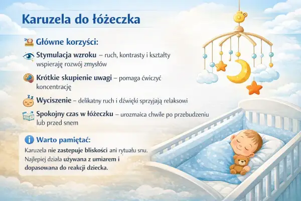 Karuzela do łóżeczka od kiedy? Stymuluje wzrok, pomaga ćwiczyć koncentrację i wycisza. Urozmaica czas malucha w łóżeczku.