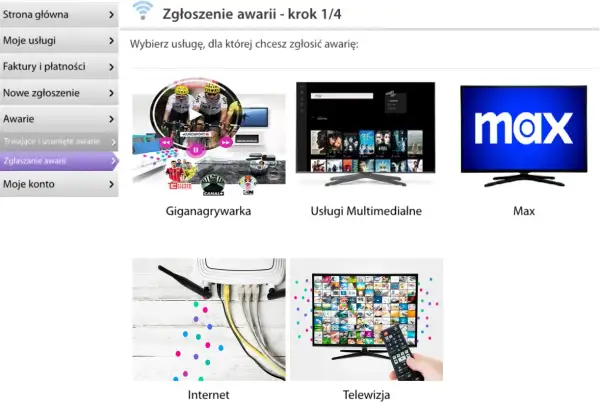Zgłaszanie awarii w Netii: wybierz usługę, dla której wystąpił brak internetu lub inny problem. Dostępne opcje to Giganagrywarka, Usługi Multimedialne, Max, Internet i Telewizja.