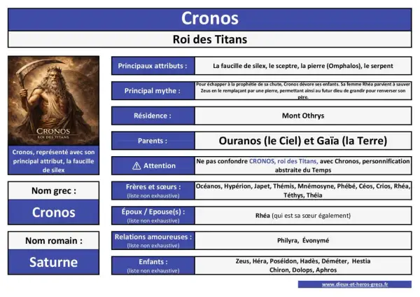 Cronos, père de Zeus, roi des Titans, représenté avec sa faucille. Il a dévoré ses enfants.