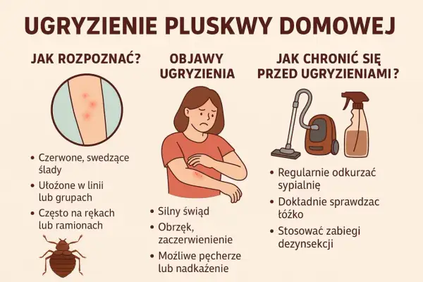 Ilustracja pokazuje ugryzienie pluskwy domowej: czerwone, swędzące ślady na skórze, objawy i sposoby ochrony.