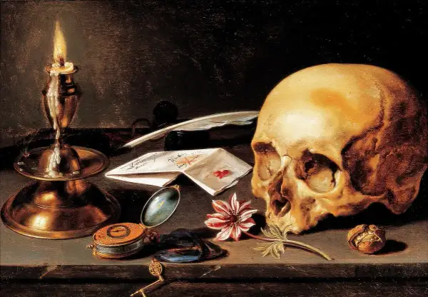 A Dutch still life painting featuring a skull, lit candle, letters, a pocket watch, and a flower, evoking themes of mortality and the passage of time.