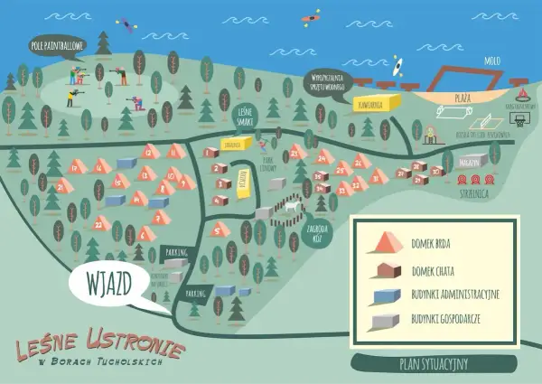 Mapa Leśnego Ustronia w Borach Tucholskich. Widok na pole paintballowe, wypożyczalnię sprzętu wodnego, plażę, strzelnicę i domki.