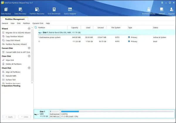MiniTool Partition Wizard pokazuje dwa systemy na jednym komputerze: partycję rozruchową i partycję systemową C:.